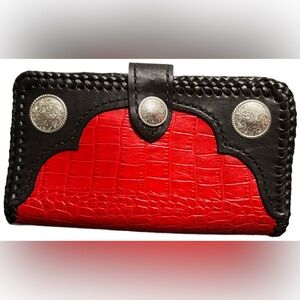 Vintage Western Biker Wallet – Red Croc Embossed Leather